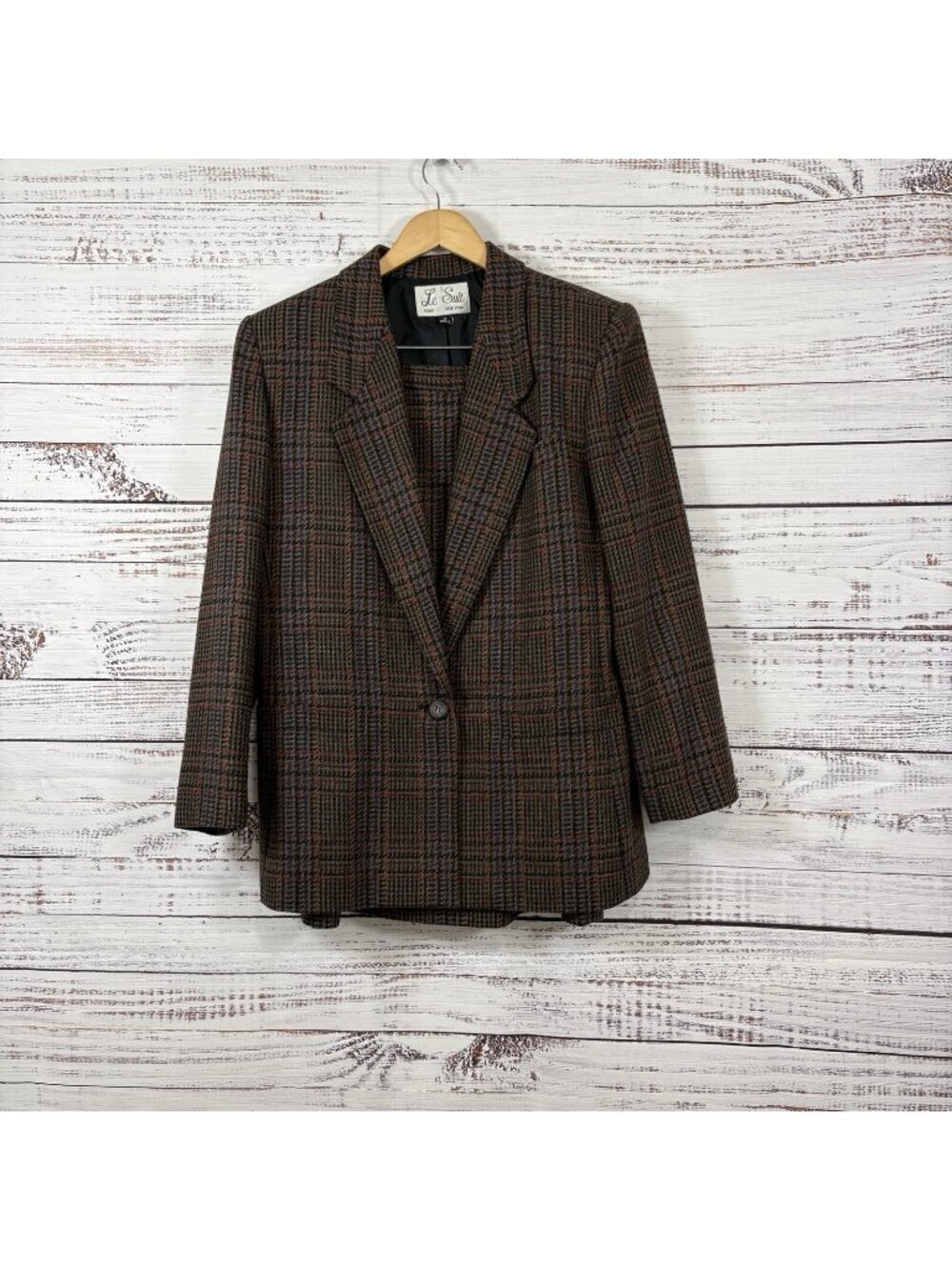 Le Suit Skirt Blazer 2 Pc Set Vintage Brown Plaid Wool Blend